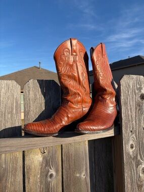 Justin Exotic Lizard Cowboy Boots Mens 9C Narrow Brown Western USA Vintage 8307